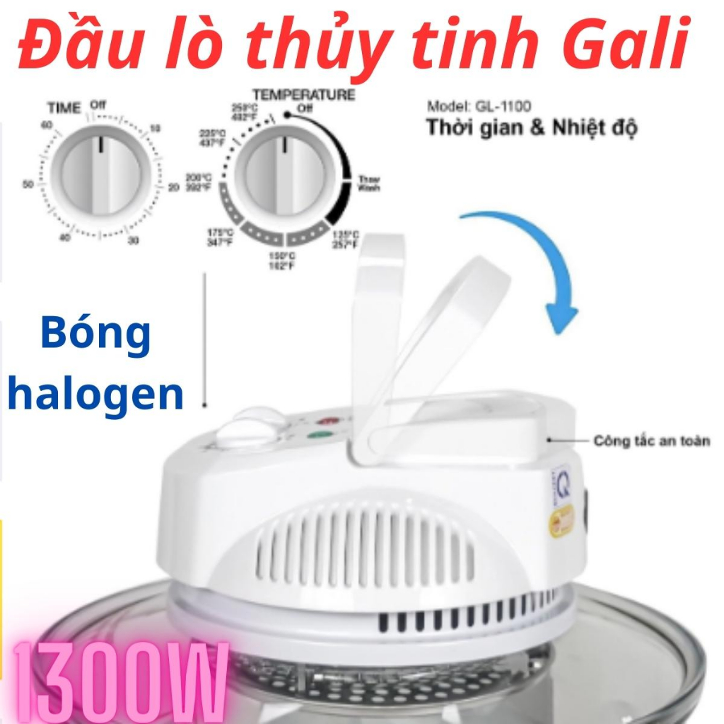 Lò nướng thủy tinh, phụ kiện gồm nắp, thân, lòng lò, đầu lò 1300w, đốt nóng bằng mai so, sử dụng liên tục và bền bỉ