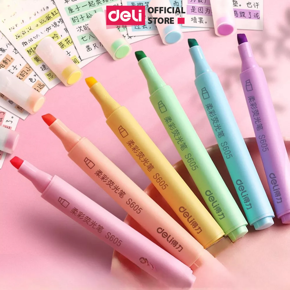 Set 6 bút highlight đánh dấu dòng dạ quang Deli màu pastel tươi sáng, bút ghi nhớ tiện lợi cho học sinh văn phòng