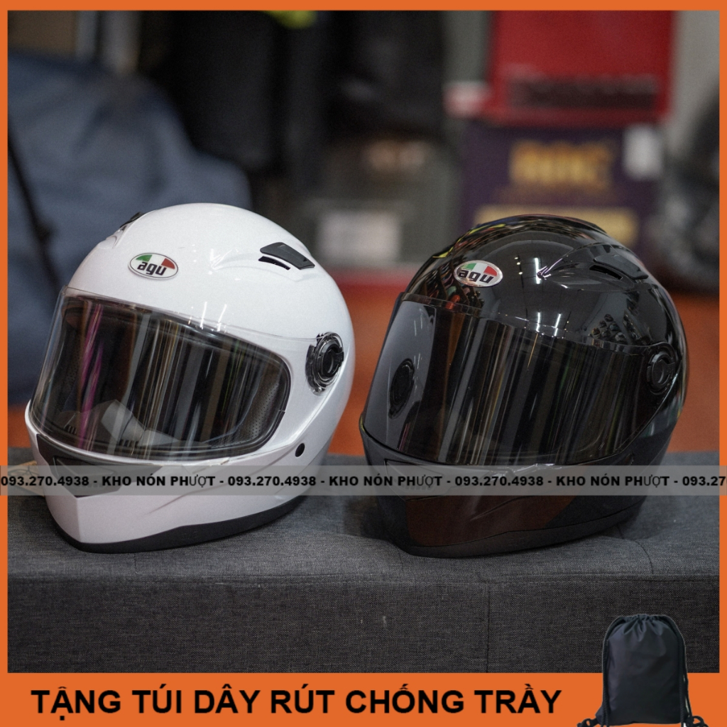 Nón bảo hiểm Fullface AGU màu trắng bóng full tặng túi vải dây rút - Mũ fullface AGU