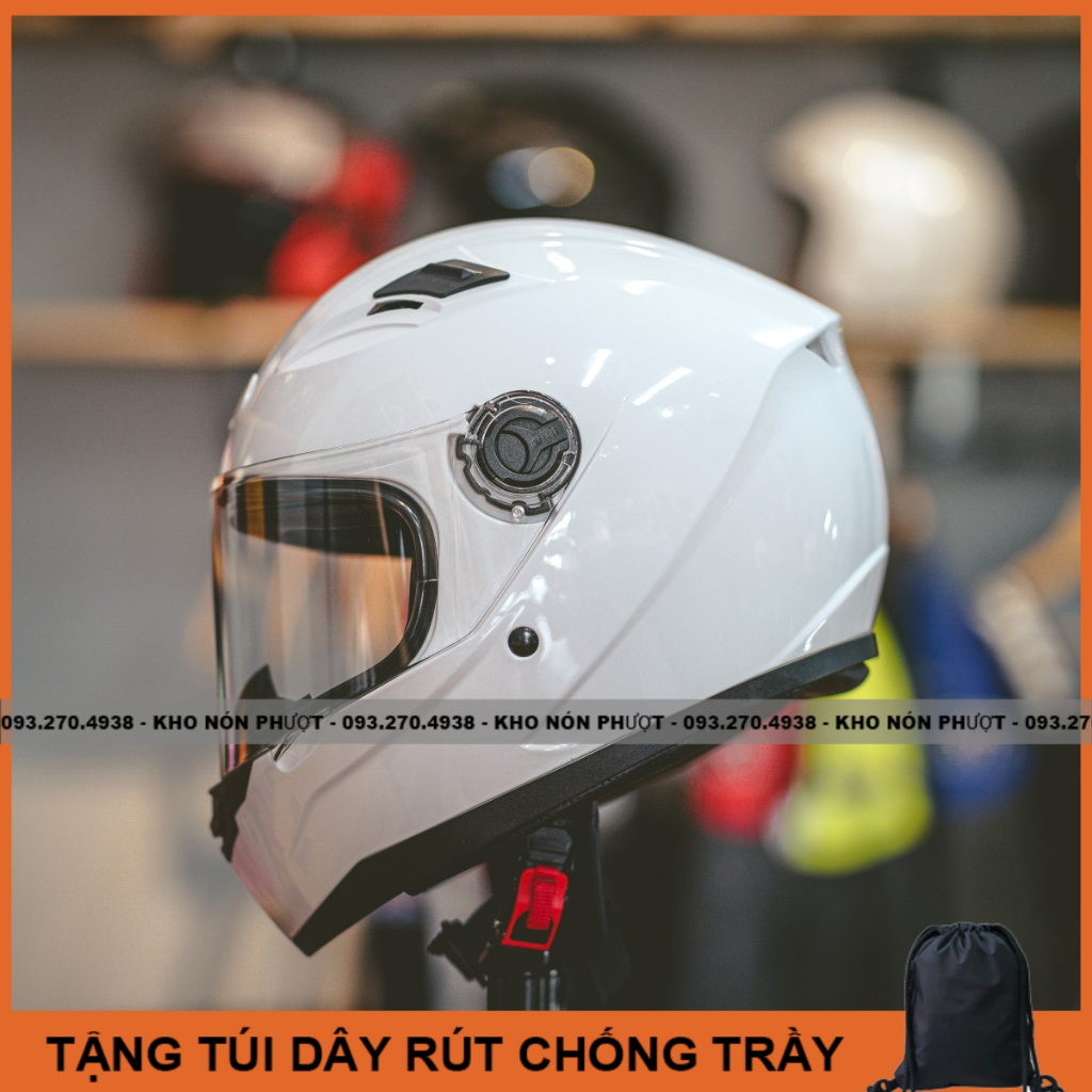 Nón bảo hiểm Fullface AGU màu trắng bóng full tặng túi vải dây rút - Mũ fullface AGU