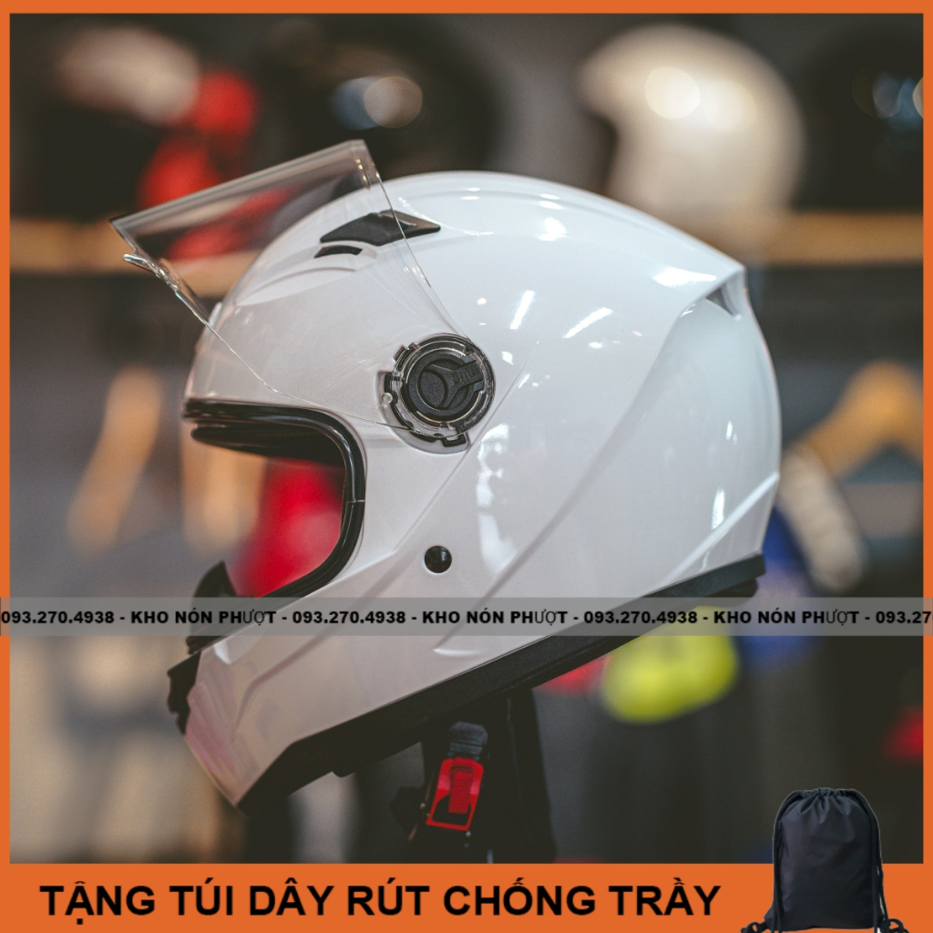 Nón bảo hiểm Fullface AGU màu trắng bóng full tặng túi vải dây rút - Mũ fullface AGU