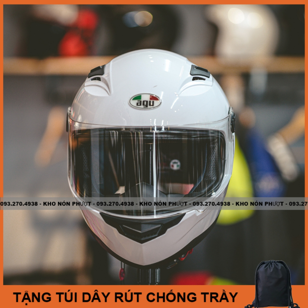 Nón bảo hiểm Fullface AGU màu trắng bóng full tặng túi vải dây rút - Mũ fullface AGU