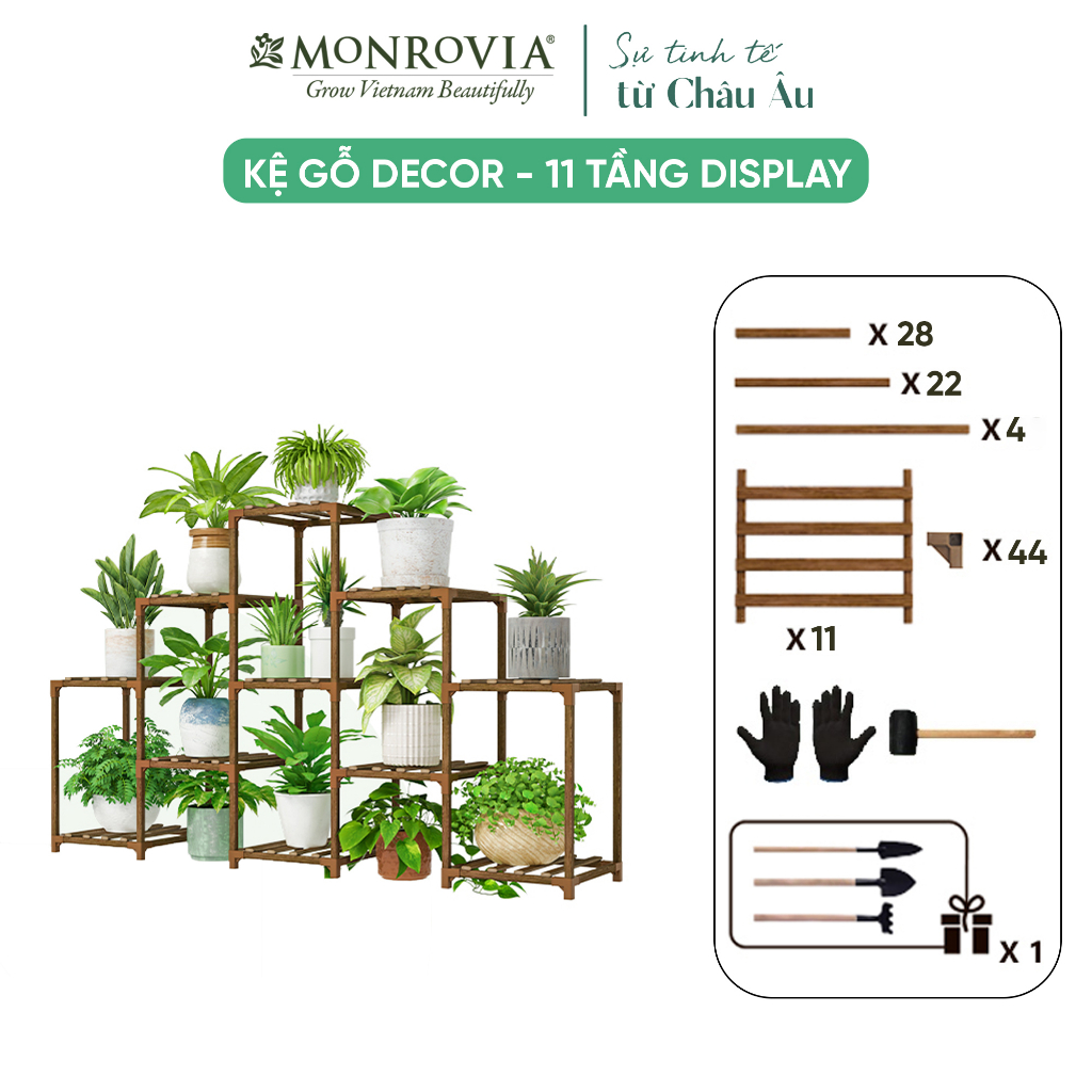 Kệ gỗ decor MONROVIA để cây trang trí trong nhà, ban công, từ 6 đến 15 tầng, mua 1 được 4, tiêu chuẩn Châu Âu