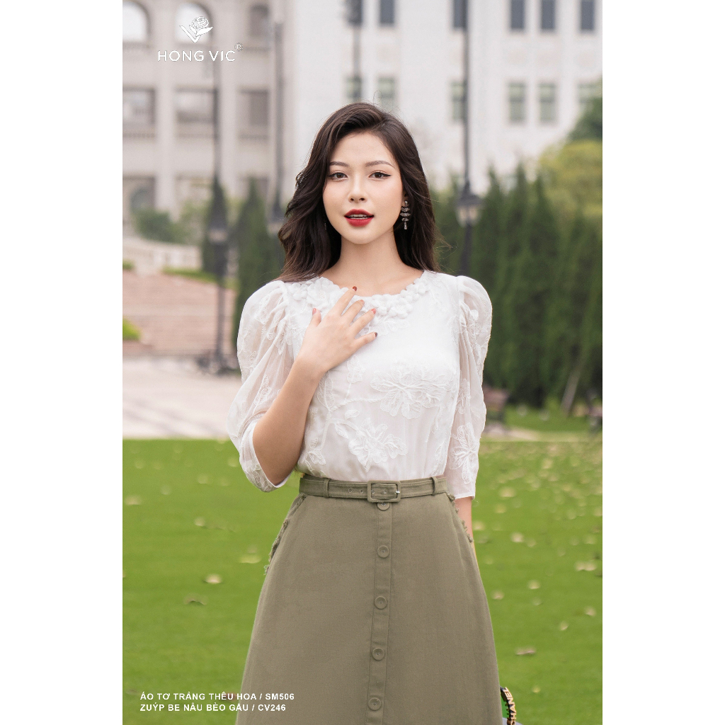 Áo nữ thiết kế Hong Vic tơ trắng thêu hoa SM506