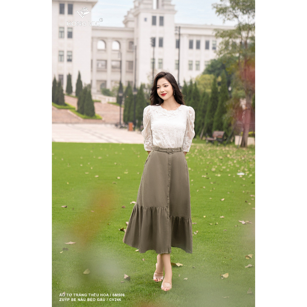 Chân váy nữ thiết kế Hong Vic linen rêu bèo gấu CV246