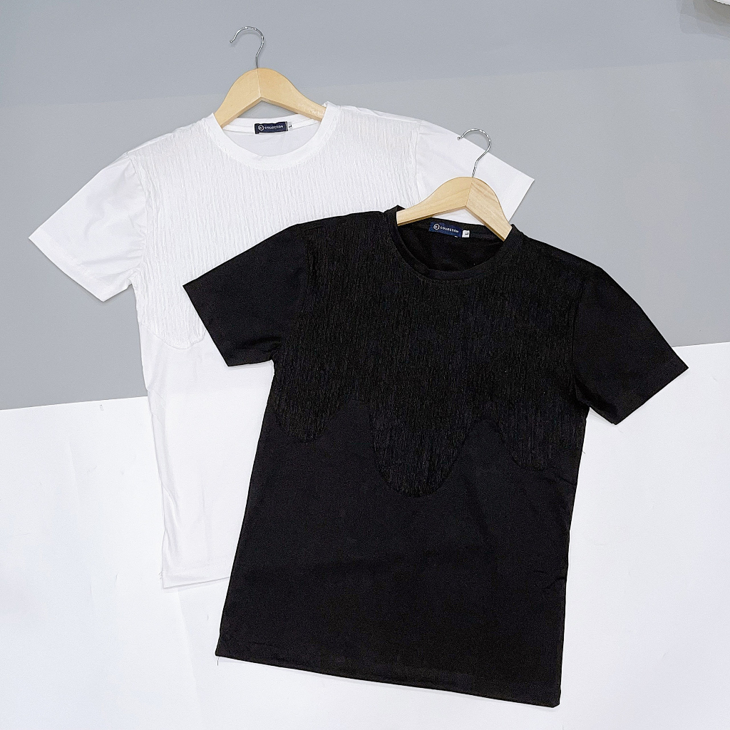 Áo thun nam cổ tròn, áo cổ tròn tay ngắn phối họa tiết nổi bông hoa, thời trang phong cách chất cotton thoáng mát