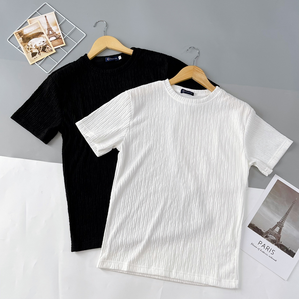 Áo thun nam cổ tròn, áo cổ tròn tay ngắn phối họa tiết nổi gợn sóng, chất cotton mềm mịn thoáng mát