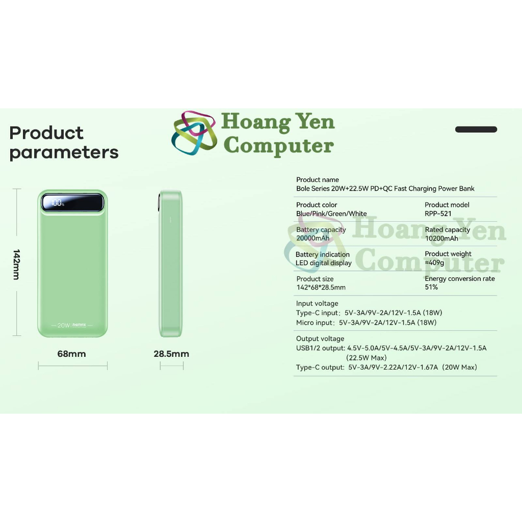Sạc Dự Phòng Remax RPP-521 20000mAh (Sạc Nhanh QC3.0 18W, PD20W, VOOC 22.5W ) - Hoangyencomputer