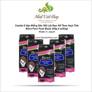 Combo 5 Hộp Miếng Dán Mũi Lột Mụn Than Hoạt Tính Biore Pore Pack Black dành cho Nữ (1 hộp 4 miếng x 5)