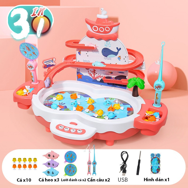 Bộ Đồ Chơi Câu Cá Cầu Trượt Có Nhạc Cao Cấp Mô Hình Thác Nước Vui Nhộn Kèm 3 Pin Dành Cho Bé