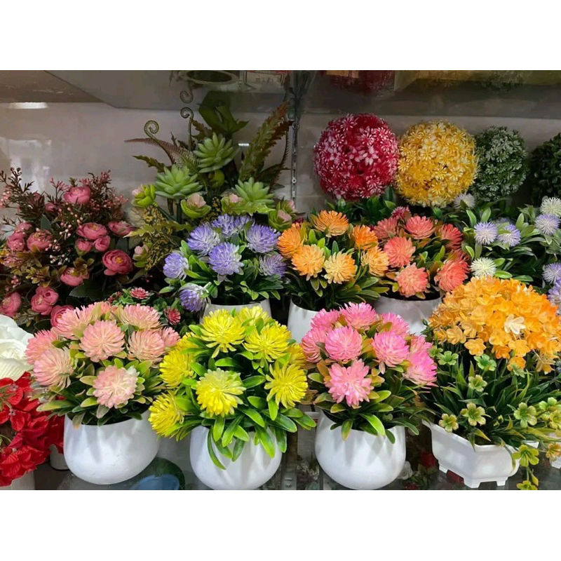 hoa giả,cây tiểu cảnh mini để bàn trang trí,chậu hoa đá xù to