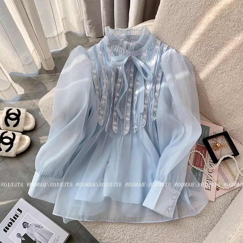 Áo kiểu tiểu thư thiết kế cổ nơ đáp ren xanh mint/ Áo sơ mi voan tơ tay phồng
