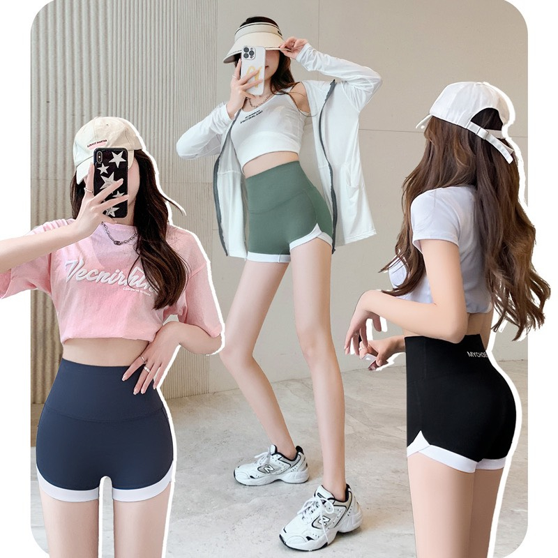 Quần short legging lưng cao, quần đùi thể thao, quần tập gym, yoga, phối màu thời trang chất co giãn cạp cao nâng mông