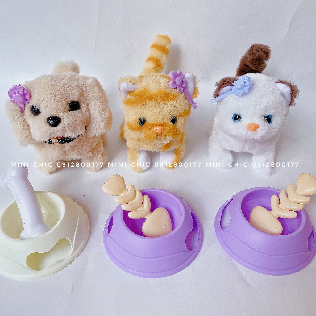 Đồ chơi lồng chó / mèo bông biết đi, biết kêu meo meo/ gâu gâu kèm phụ kiện siêu dễ thương cho bé