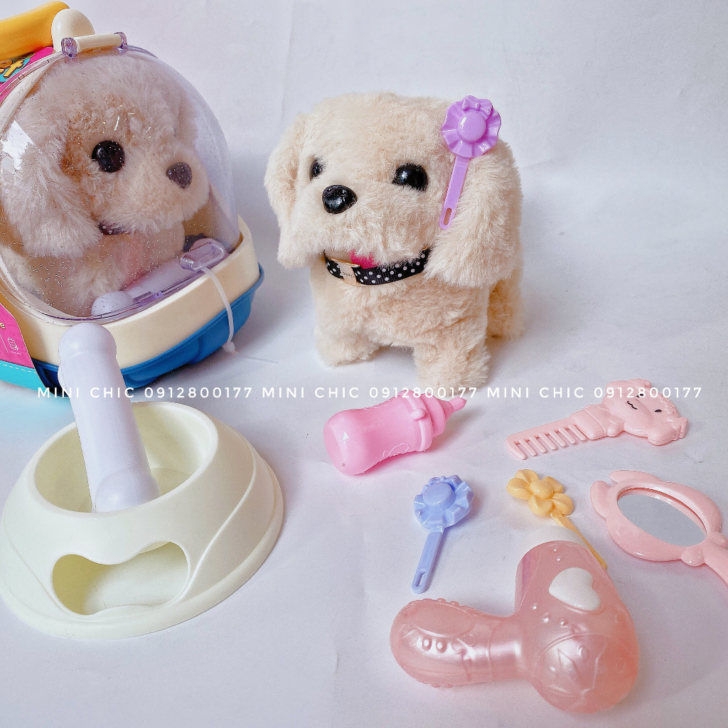 Đồ chơi lồng chó / mèo bông biết đi, biết kêu meo meo/ gâu gâu kèm phụ kiện siêu dễ thương cho bé