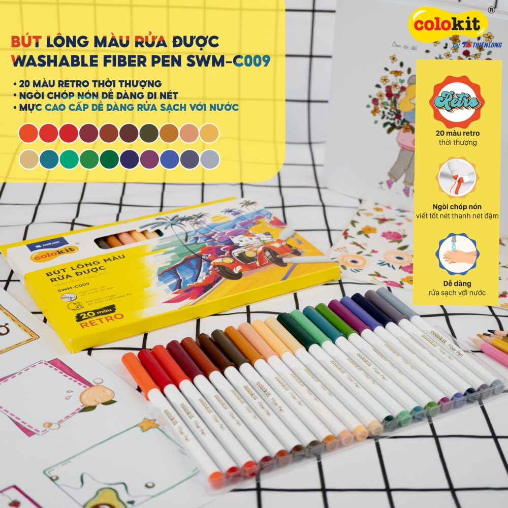 Sốc 26+28/10 Bút Lông 20 Màu Rửa Được Retro Washable Fiber Pen SWM-C009 - Viết Nét Đ