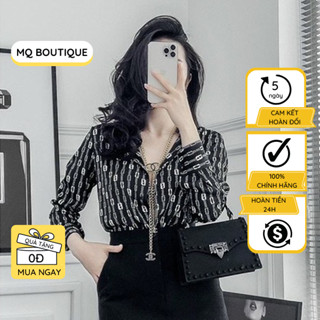 Áo sơ mi nữ lụa dài tay cao cấp công sở họa tiết dây xích chữ gu chì nền nâu đen, áo sơ mi họa tiết thiết kế MQ Boutique