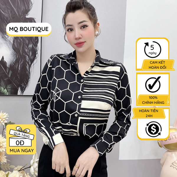 Áo lụa sơ mi nữ dài tay cao cấp công sở họa tiết hình lục lăng kẻ ngang nền đen, áo sơ mi họa tiết hiết kế MQ Boutique