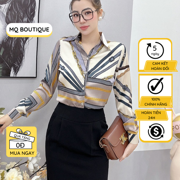 Áo sơ mi nữ lụa dài tay cao cấp công sở họa kẻ chéo ngang ghi vàng cam, áo sơ mi họa tiết hiết kế MQ Boutique