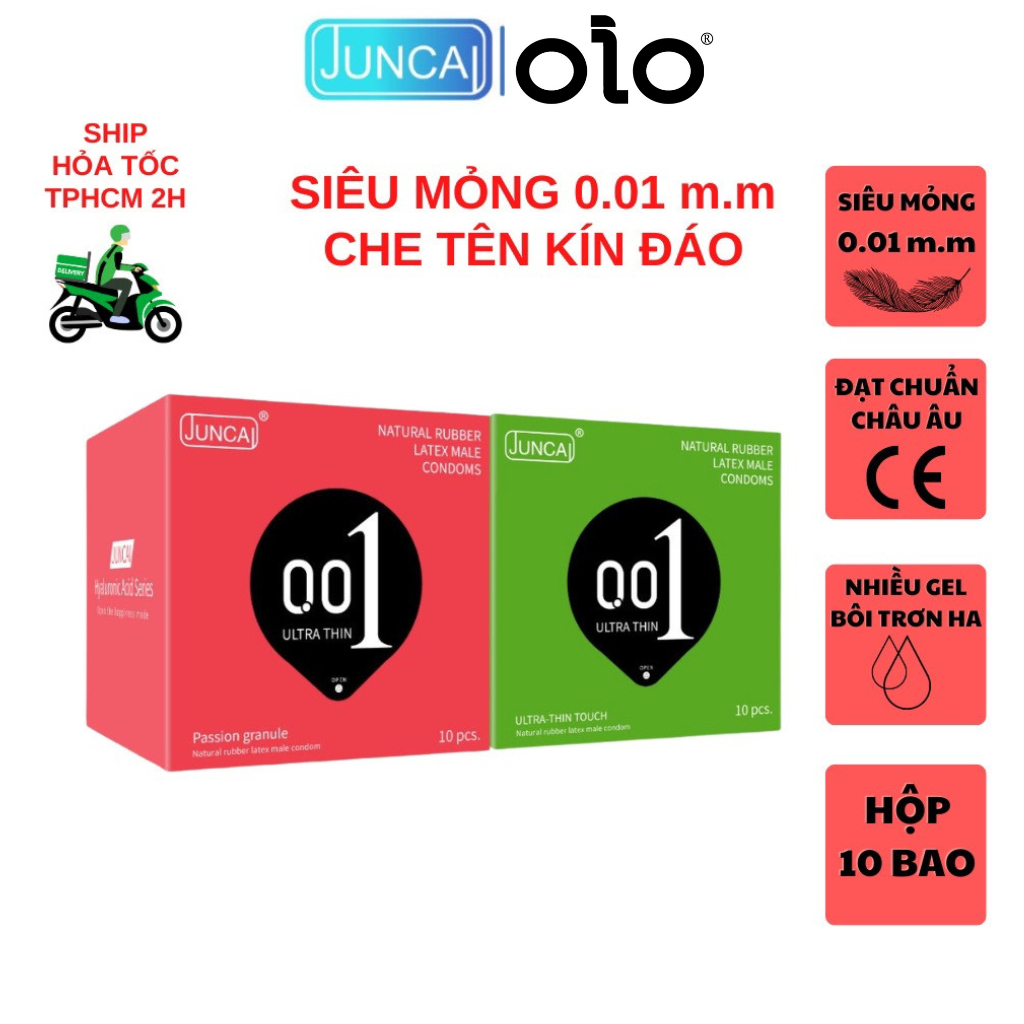 Bao cao su JUNCAI 001 Ultrathin Touch siêu mỏng, tăng cường lượng gel, chất lượng quốc tế Hộp 10c
