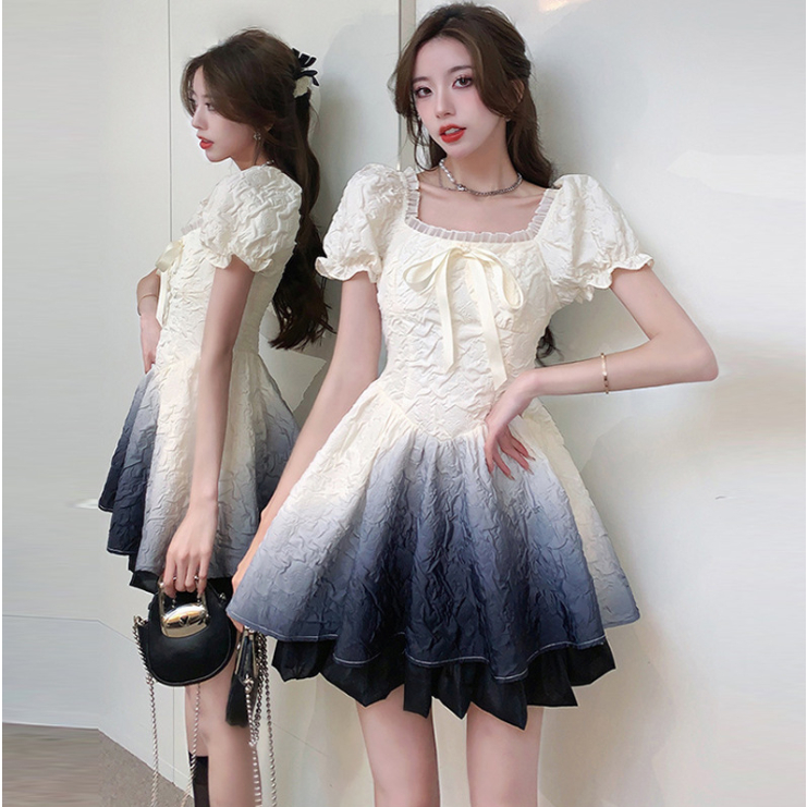 Váy đũi xốp cổ vuông ren bèo tay phồng xinh xắn dễ thương dáng xòe tiểu thư hàn quốc bánh bèo cho nữ