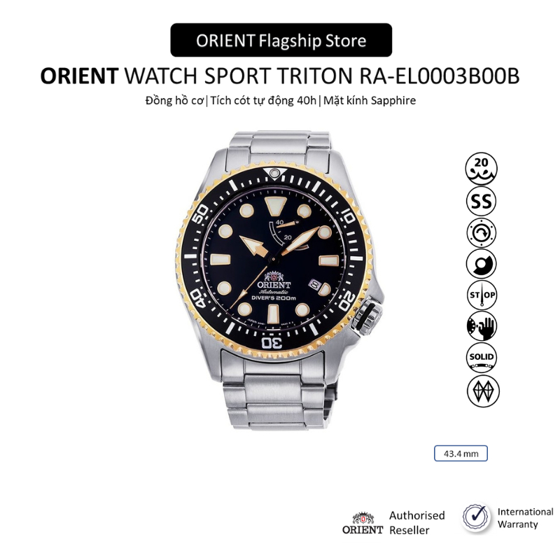 Đồng hồ cơ nam Orient Watch Triton RA-EL0003B00B thể thao bơi lặn mặt kính Sapphire chống xước, dây thép đeo tay cao cấp