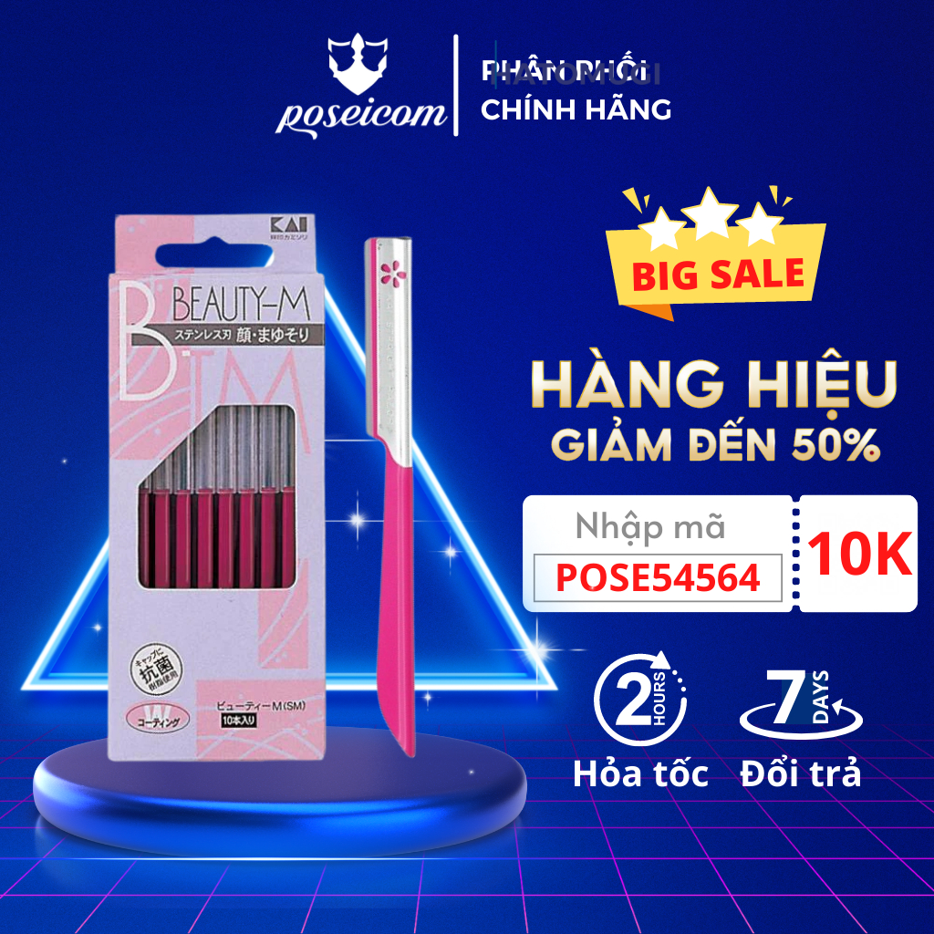 Set 10 Dao Cạo Lông Mày Cán Dài Bằng Thép Không Gỉ Kai Razor 00743 BTM-10H1 Dành Cho Nữ POSEICOM DC12