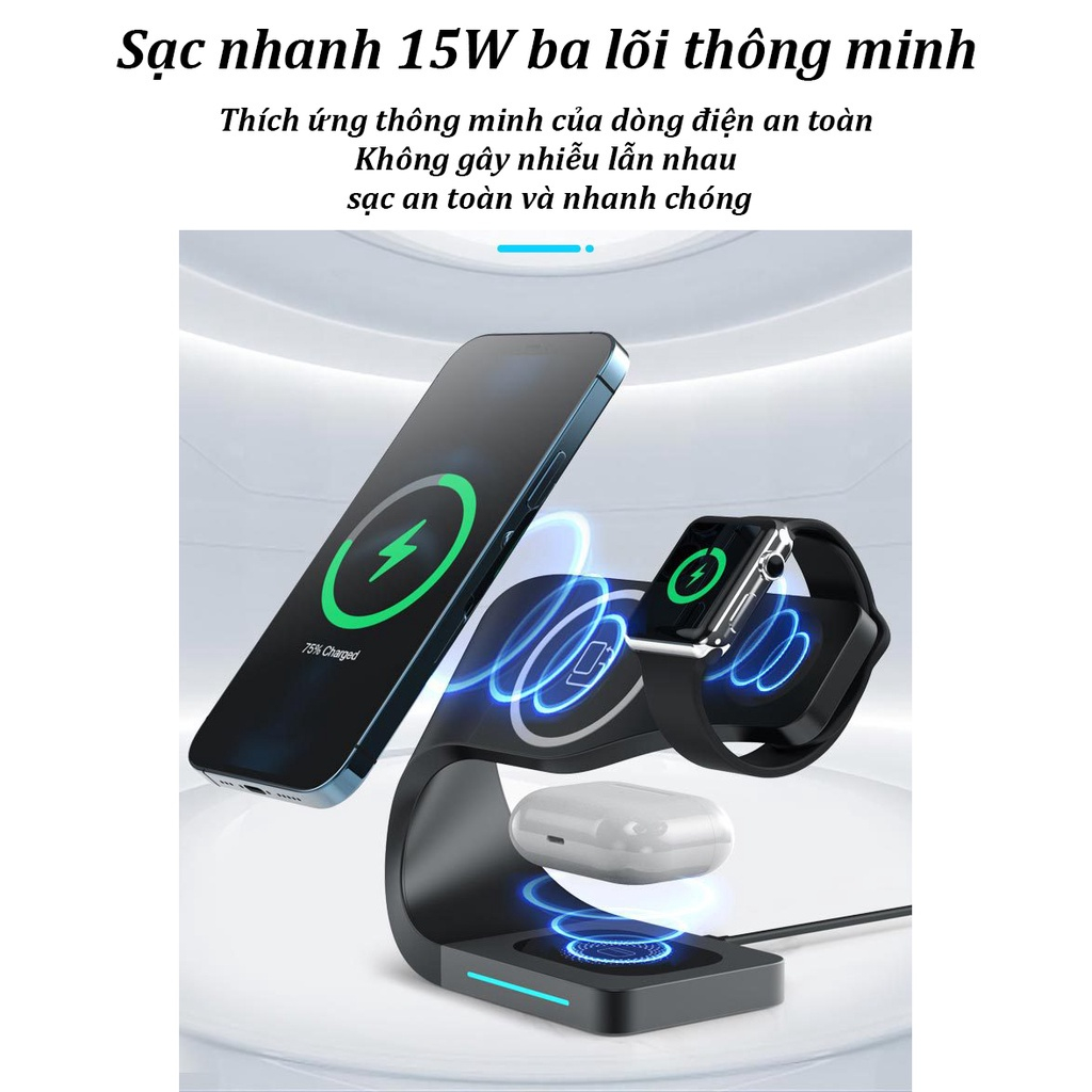Đế Sạc Không Dây Thông Minh 3 Trong 1, Sạc không dây magsafe,Tai Nghe Bluetooth, Smart Watch