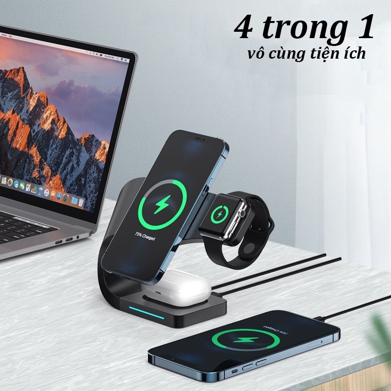 Đế Sạc Không Dây Thông Minh 3 Trong 1, Sạc không dây magsafe,Tai Nghe Bluetooth, Smart Watch