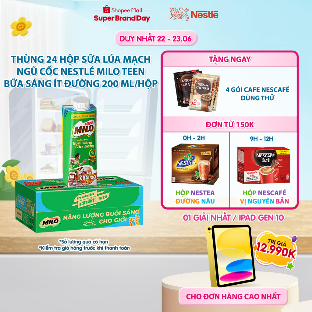 Thùng 24 hộp sữa lúa mạch ngũ cốc Nestlé MILO teen bữa sáng ít đường 200 ml/hộp