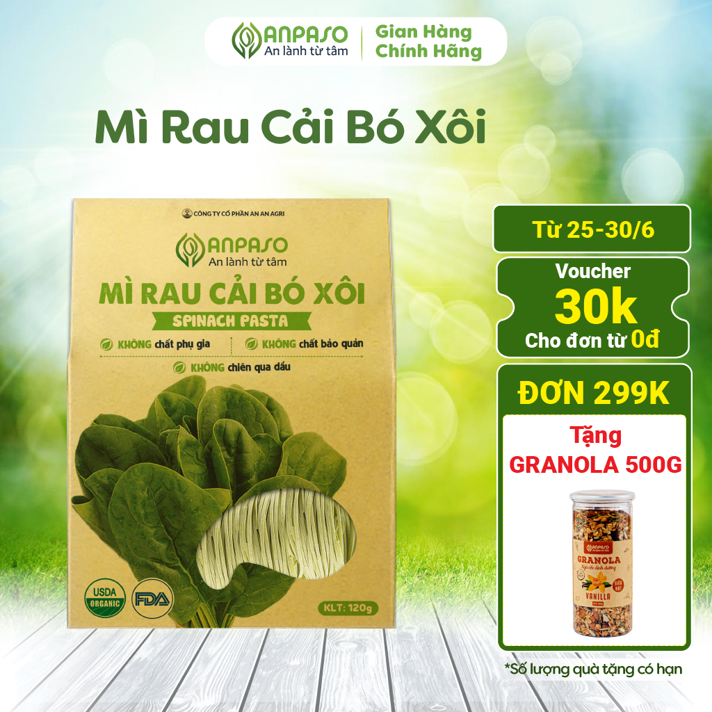 Mì Rau Củ Rau Cải Bó Xôi Hữu Cơ Organic Anpaso, Giảm Cân, Ăn Chay, Ăn Kiêng, Không Chiên Nóng, Tốt Cho Tiêu Hóa 120gr