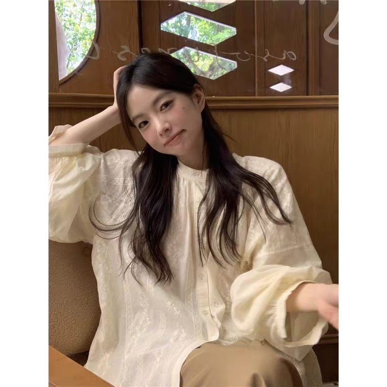 Áo Sơ Mi Dài Tay Cổ Tròn Thêu Ren Thanh Lịch Cho Nữ-Tinahouse.2021