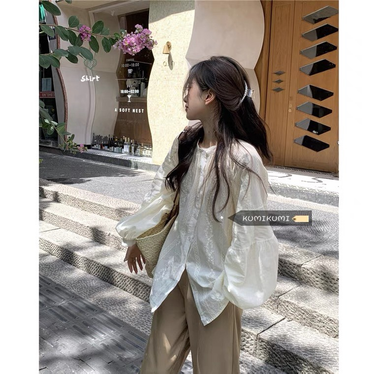 Áo Sơ Mi Dài Tay Cổ Tròn Thêu Ren Thanh Lịch Cho Nữ-Tinahouse.2021