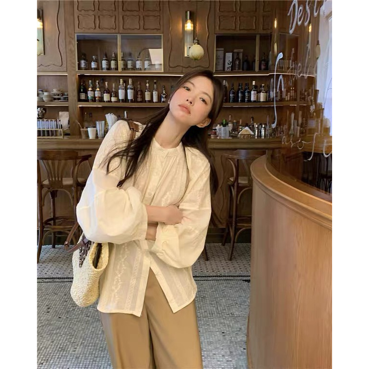 Áo Sơ Mi Dài Tay Cổ Tròn Thêu Ren Thanh Lịch Cho Nữ-Tinahouse.2021