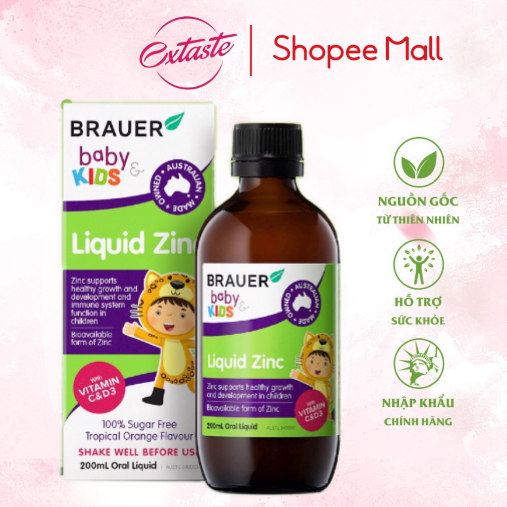 Siro dạng lỏng bổ sung kẽm Brauer Baby & Kids Liquid Zinc cho bé trên 1 tuổi 200ml