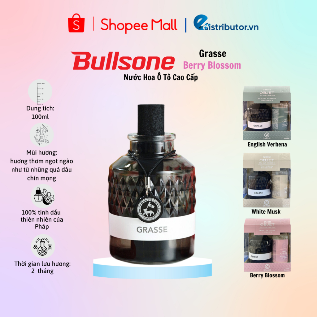 Nước hoa ô tô cao cấp Bullsone Grasse Objet English Verbena/White Musk/Berry Blossom (100ml) - 100% chính hãng