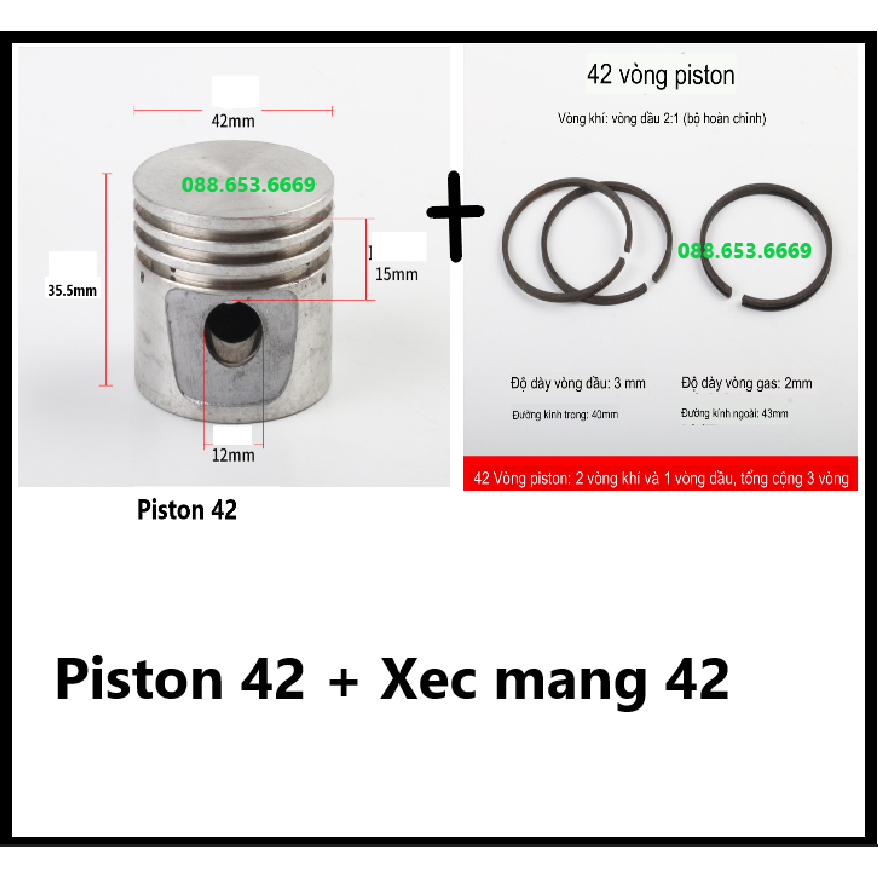 Bộ piston kèm bạc hơi 42 máy nén khí/ Pistong + Xéc măng máy nén khí 42
