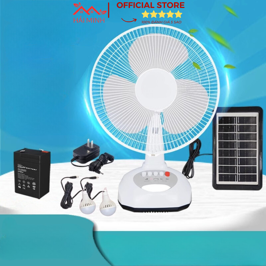 Quạt Tích Điện Cắm Sạc Năng Lượng Mặt Trời, Tặng Kèm 2 Bóng Đèn Led, Đầu Ra Usb Có Thể Sạc Điện Thoại Có Bình Ác Quy 6V