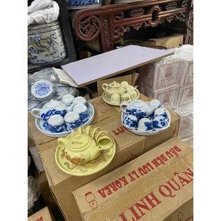 Bộ Ấm Chén Thờ men vàng kim - men lam