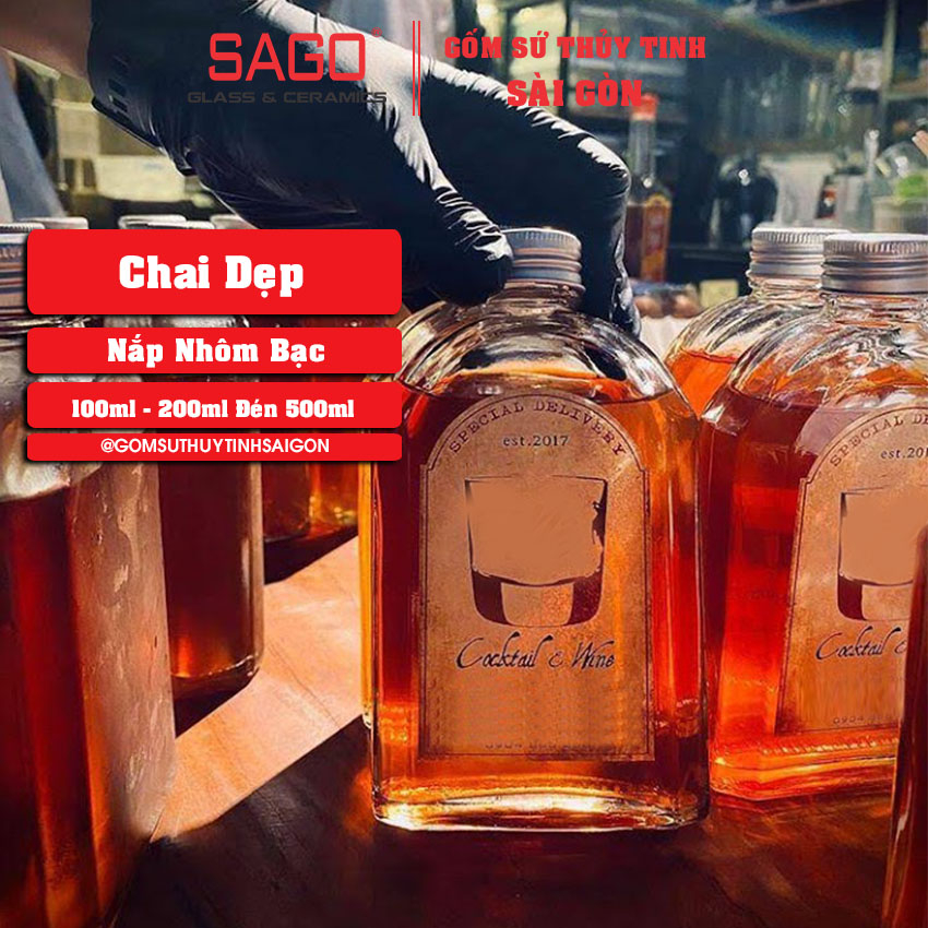 Chai Thủy Tinh Dẹp Vai Bầu Nắp Nhôm 500ml
