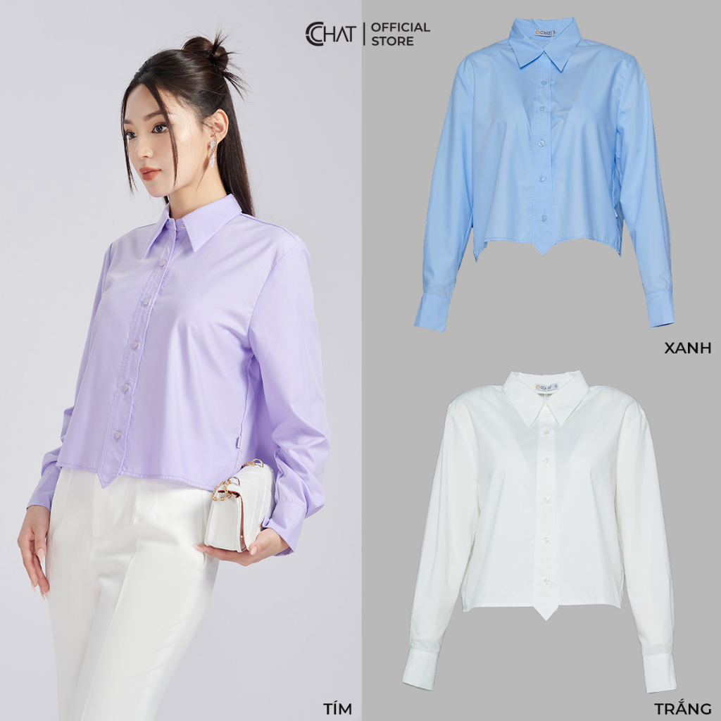 Áo Sơ Mi Nữ 𝐂𝐂𝐇𝐀𝐓 Kiểu Nẹp Nhọn Croptop Dáng Suông Chất Mango Cao Cấp 53FDE2030ST