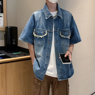 Áo sơ mi chất jean denim nam unisex tay ngắn form rộng, áo khoát jacket denim ngắn tay 7240