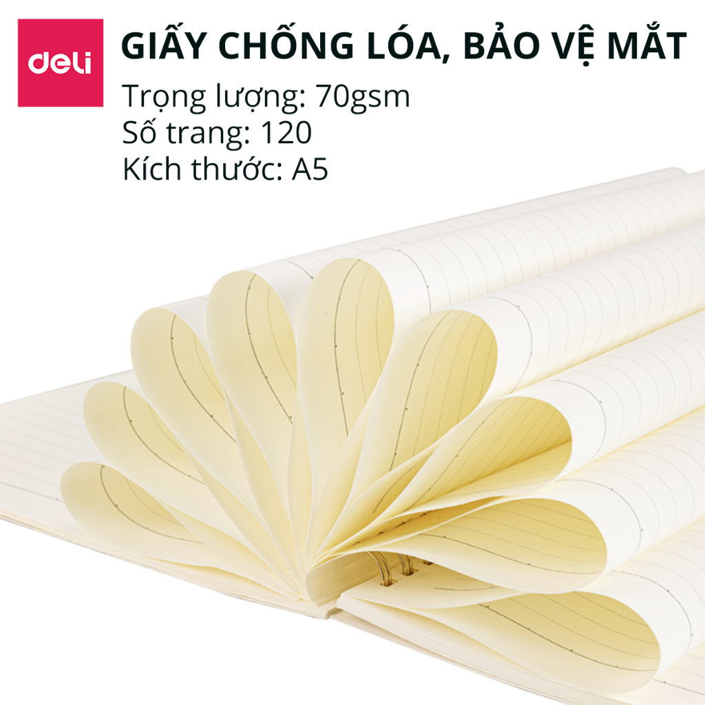 Sổ tay ghi chép A5 gáy xoắn 120 trang Deli - Kẻ ngang - Màu ngẫu nhiên - Phù hợp với học sinh, dân văn phòng