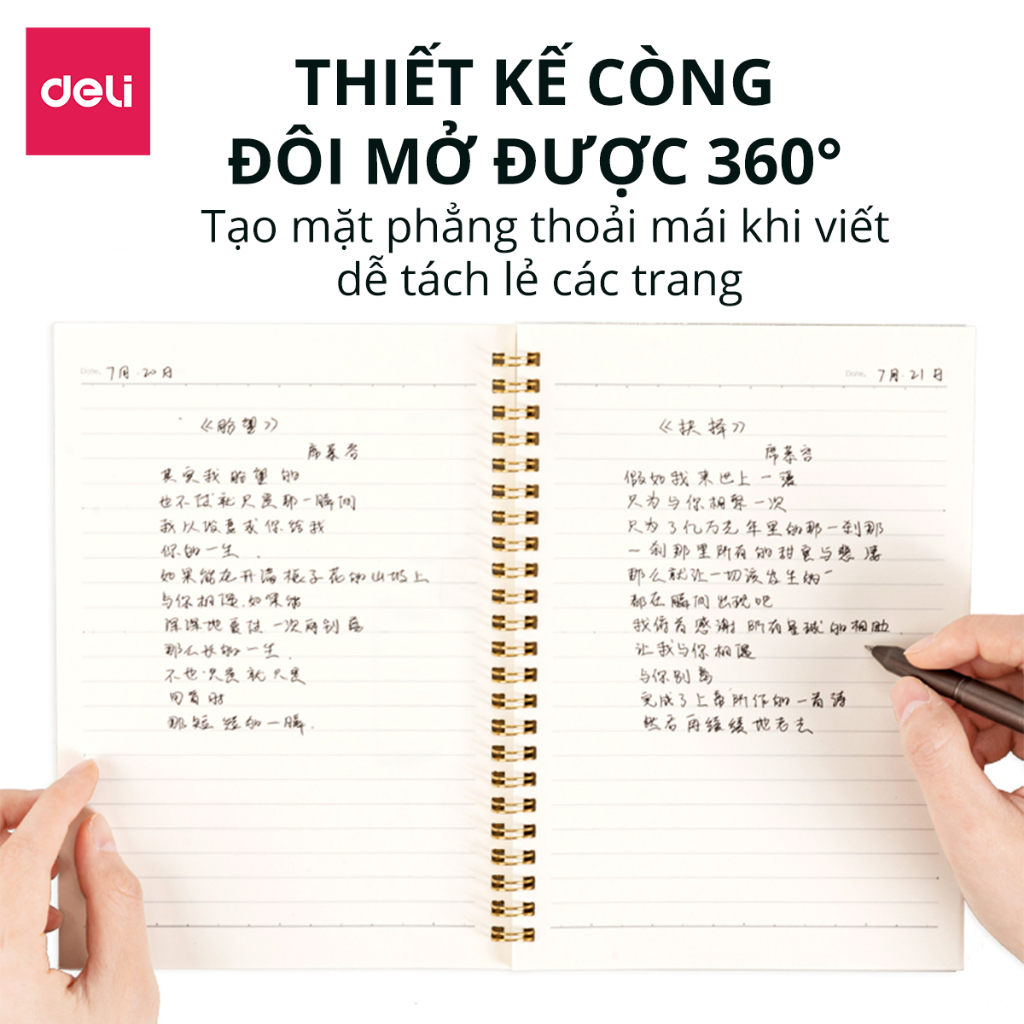 Sổ tay lò xo ghi chép A5 gáy xoắn 120 trang Deli - Giấy kẻ ngang chống lóa mắt Tập Vở Học Sinh Ghi Bài Takenote Planner