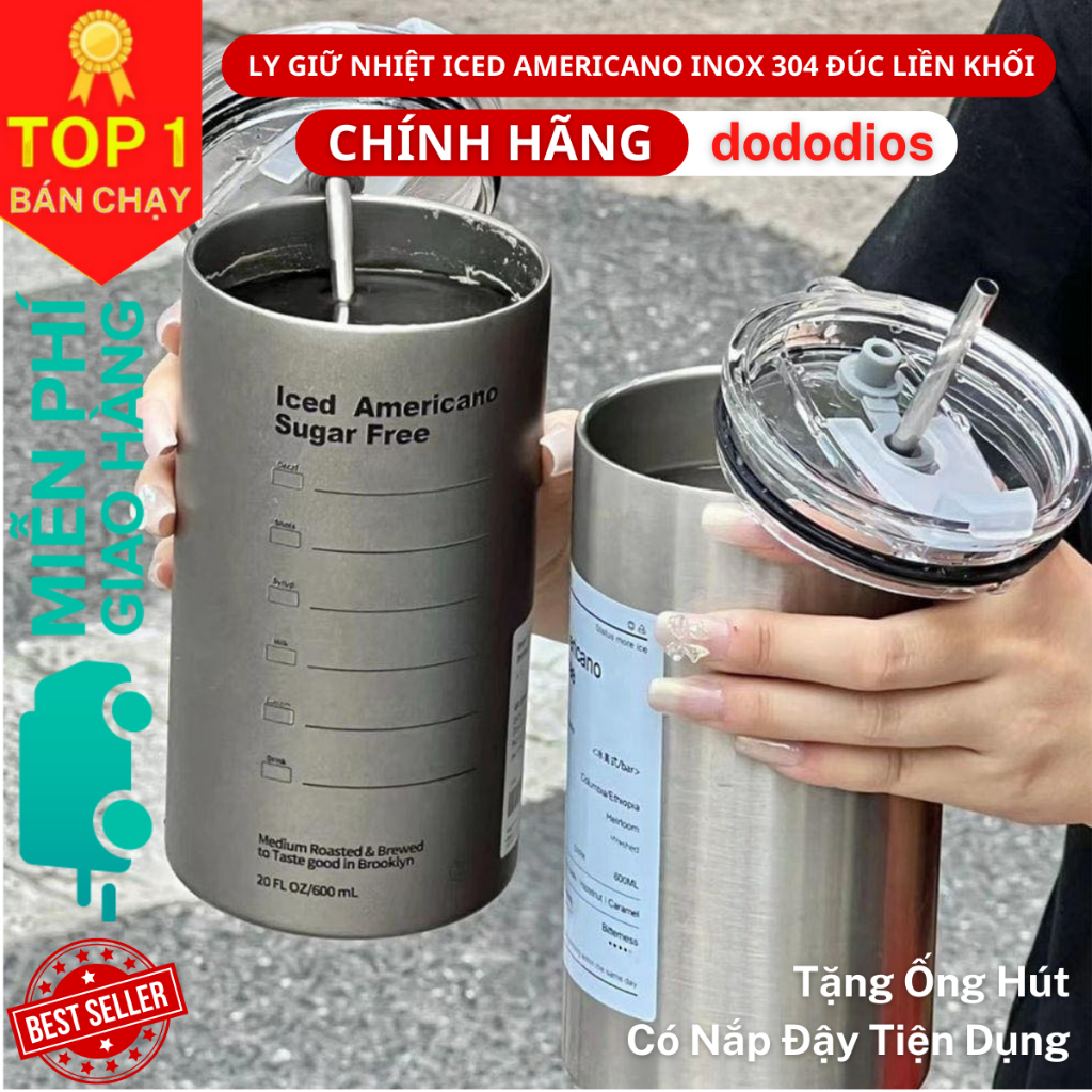 Ly Giữ Nhiệt Iced Americano Inox 304 Đúc Liền Khối Cao Cấp Có Nắp Đậy Và Ống Hút Inox - Chính hãng dododios