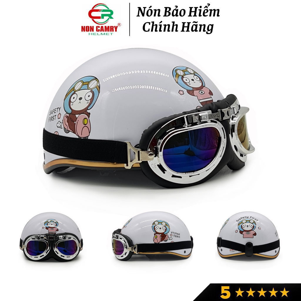 Mũ bảo hiểm nửa đầu NON CAMRY họa tiết gấu vespa đáng yêu, nón 1/2 thời trang kèm kính phi công, uv