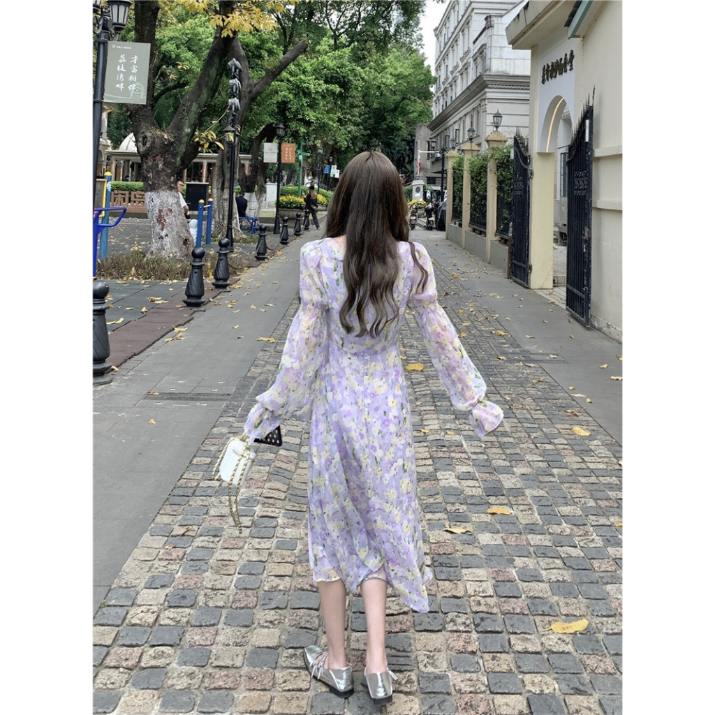 BLOOM - Đầm tím dáng tiểu thư tay dài hoạ tiết hoa bông nhỏ nhắn ngọt ngào