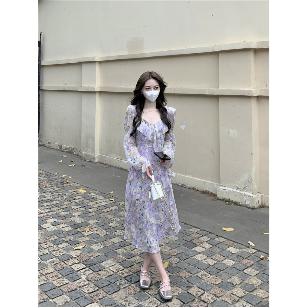 BLOOM - Đầm tím dáng tiểu thư tay dài hoạ tiết hoa bông nhỏ nhắn ngọt ngào