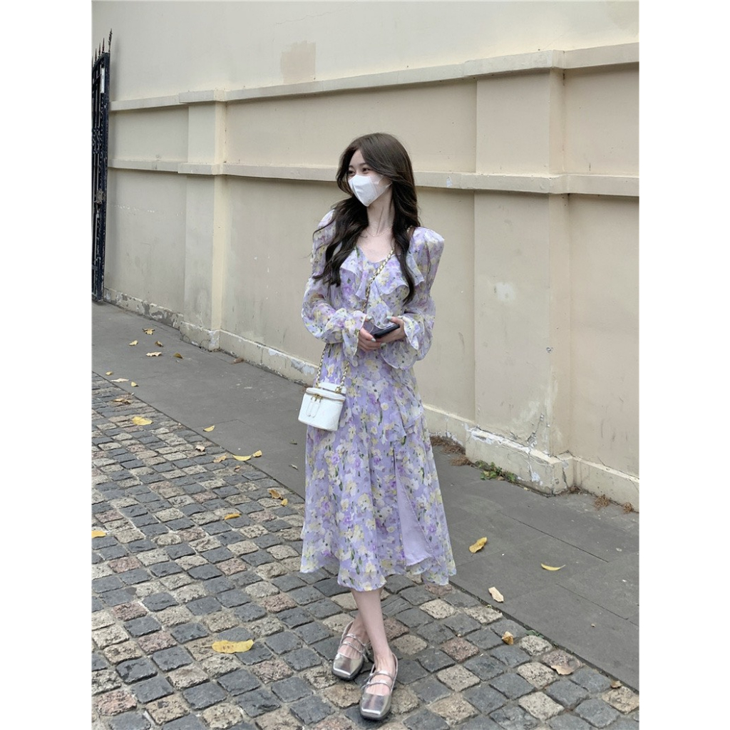 BLOOM - Đầm tím dáng tiểu thư tay dài hoạ tiết hoa bông nhỏ nhắn ngọt ngào