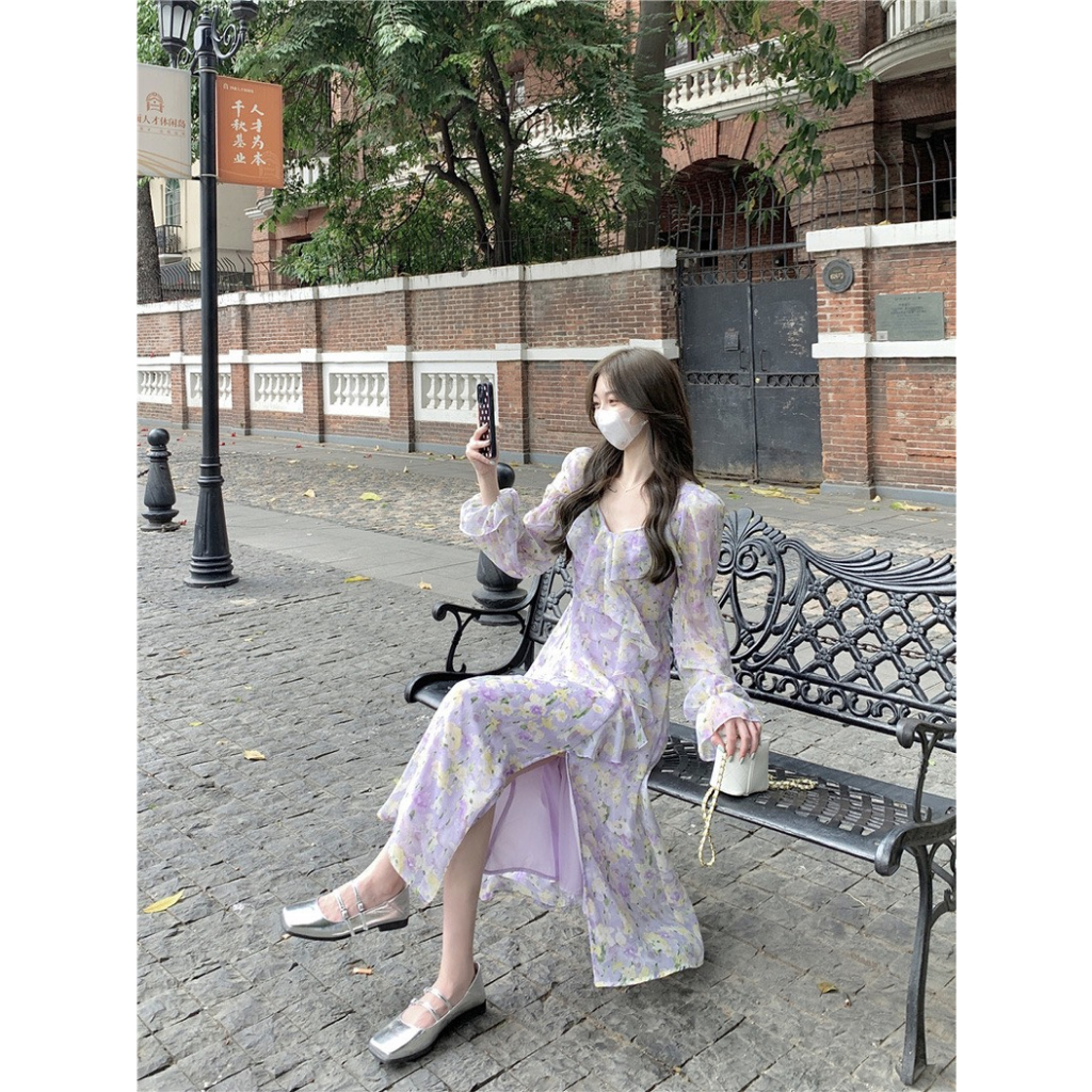 BLOOM - Đầm tím dáng tiểu thư tay dài hoạ tiết hoa bông nhỏ nhắn ngọt ngào